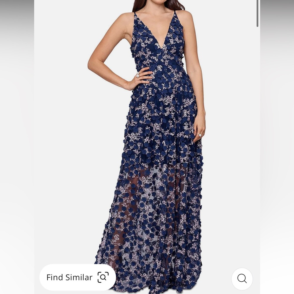 Xscape Embroidered Full length evening gown formal prom, hoco Navy, Gold size 12